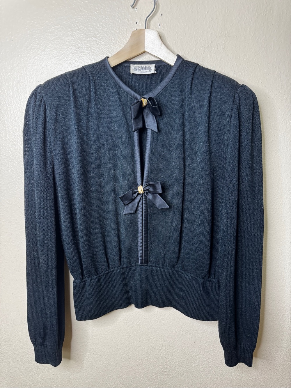 Vintage St. John by Marie Gray Black Santana Knit Bow Cardigan Sweater Jacket